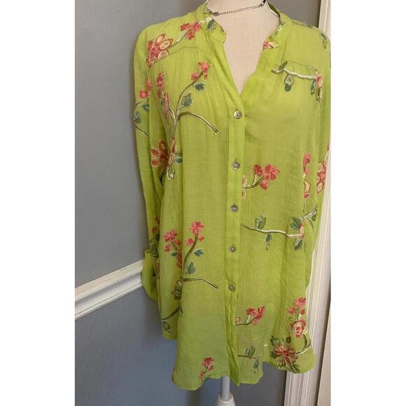 Floral Embroidered Button-Up Shirt in Vibrant Lime Green - Picture 2 of 9